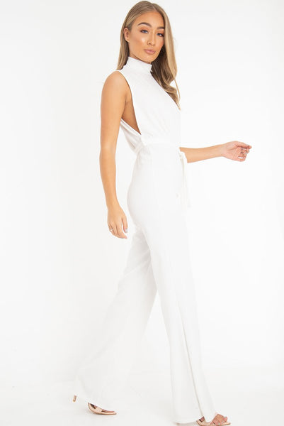 White High Neck Belted Wide Leg ...